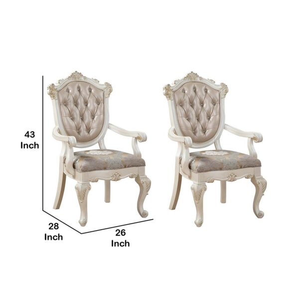 Wooden Arm Chair with Floral Patterned Padded Seat, Set of 2,White and Gold