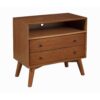2 Drawer Wooden Nightstand with Open Compartment and Splayed Legs, Brown