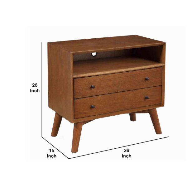 2 Drawer Wooden Nightstand with Open Compartment and Splayed Legs, Brown