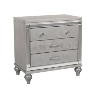 3 Drawer Wooden Nightstand with Mirror Accents and Faux Crystal Pulls, Gray