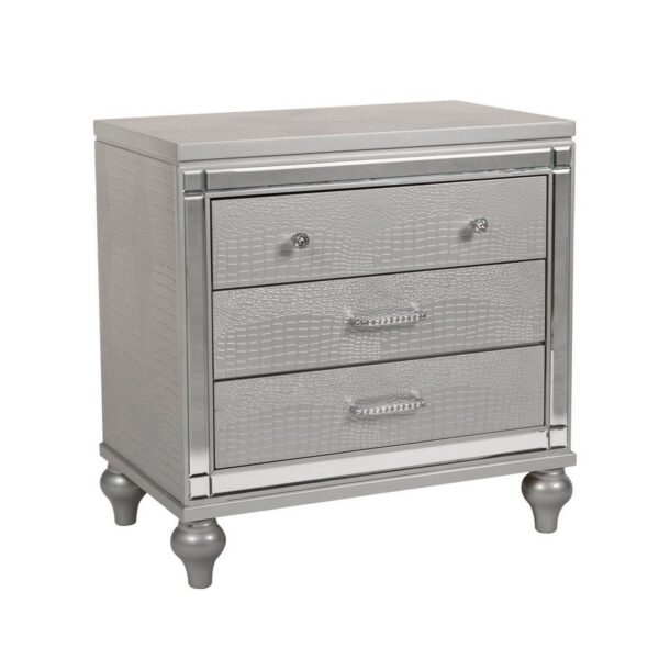 3 Drawer Wooden Nightstand with Mirror Accents and Faux Crystal Pulls, Gray