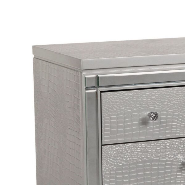 3 Drawer Wooden Nightstand with Mirror Accents and Faux Crystal Pulls, Gray