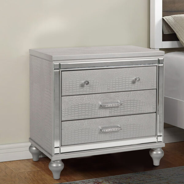 3 Drawer Wooden Nightstand with Mirror Accents and Faux Crystal Pulls, Gray