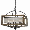 6 Bulb Square Chandelier with Wooden Frame and Organza Striped Shade, Brown