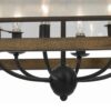 6 Bulb Square Chandelier with Wooden Frame and Organza Striped Shade, Brown
