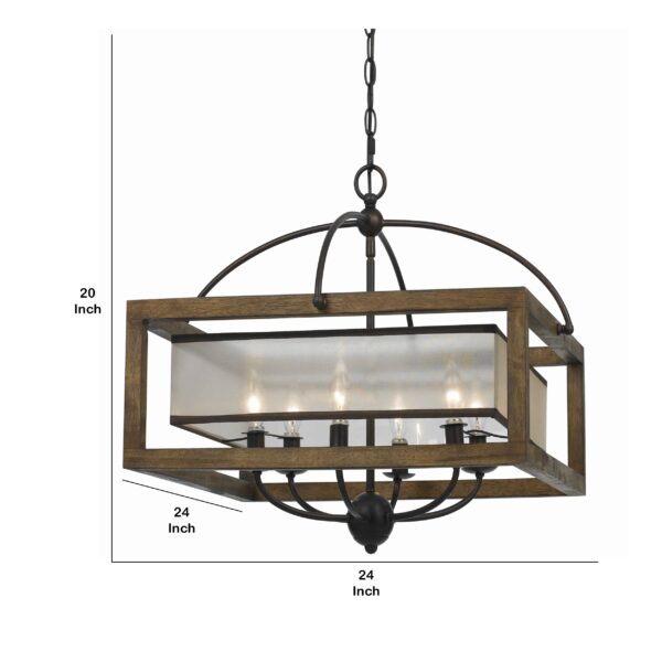 6 Bulb Square Chandelier with Wooden Frame and Organza Striped Shade, Brown