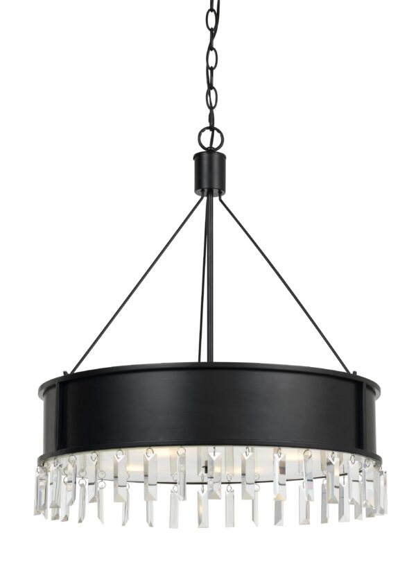 4 Bulb Round Metal Body Chandelier with Hanging Crystal Accents, Black