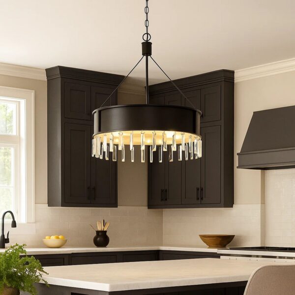 4 Bulb Round Metal Body Chandelier with Hanging Crystal Accents, Black