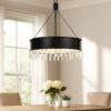 4 Bulb Round Metal Body Chandelier with Hanging Crystal Accents, Black