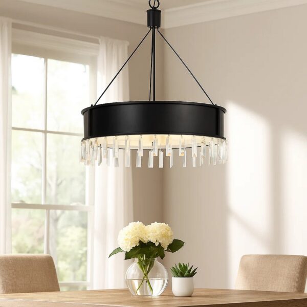 4 Bulb Round Metal Body Chandelier with Hanging Crystal Accents, Black