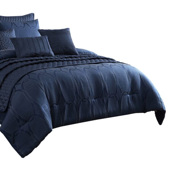 10 Piece King Polyester Comforter Set with Geometric Oblong Print, Dark Blue
