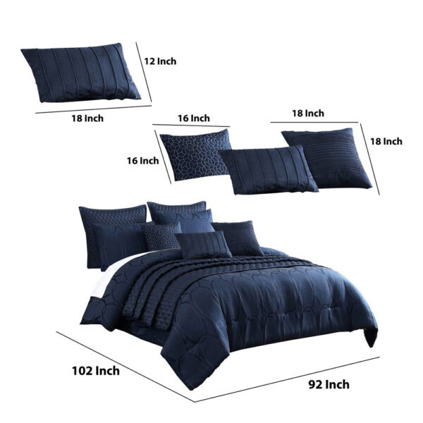 10 Piece King Polyester Comforter Set with Geometric Oblong Print, Dark Blue