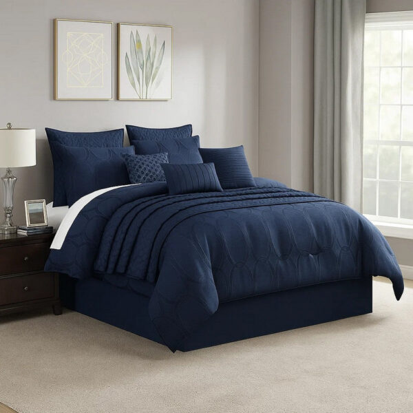 10 Piece King Polyester Comforter Set with Geometric Oblong Print, Dark Blue