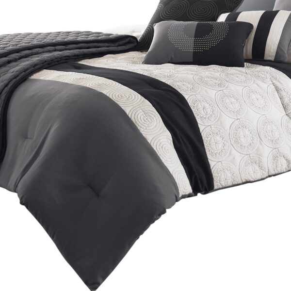 7 Piece Queen Cotton Comforter Set with Geometric Print, Gray and Black