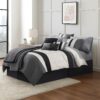 7 Piece Queen Cotton Comforter Set with Geometric Print, Gray and Black