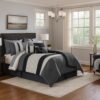 7 Piece Queen Cotton Comforter Set with Geometric Print, Gray and Black