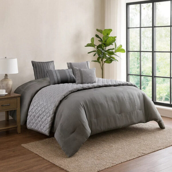 15022026699146ca38644.jpeg 10 Piece Queen Polyester Comforter Set with Geometric Print, Gray