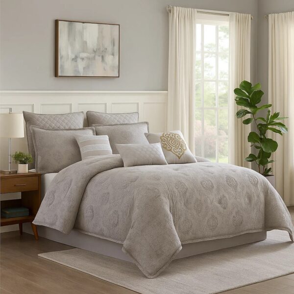 150220266991477a01d41.jpeg 10 Piece King Cotton Comforter Set with Textured Floral Print, Gray