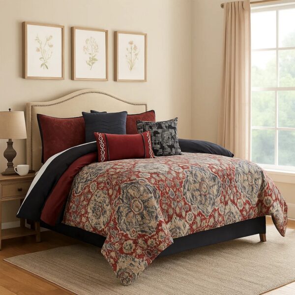 15022026699148064f392.jpeg 10 Piece King Size Comforter Set with Medallion Print, Red and Blue