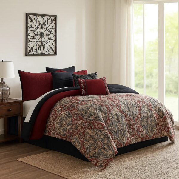 1502202669914812143ff.jpeg 10 Piece King Size Comforter Set with Medallion Print, Red and Blue