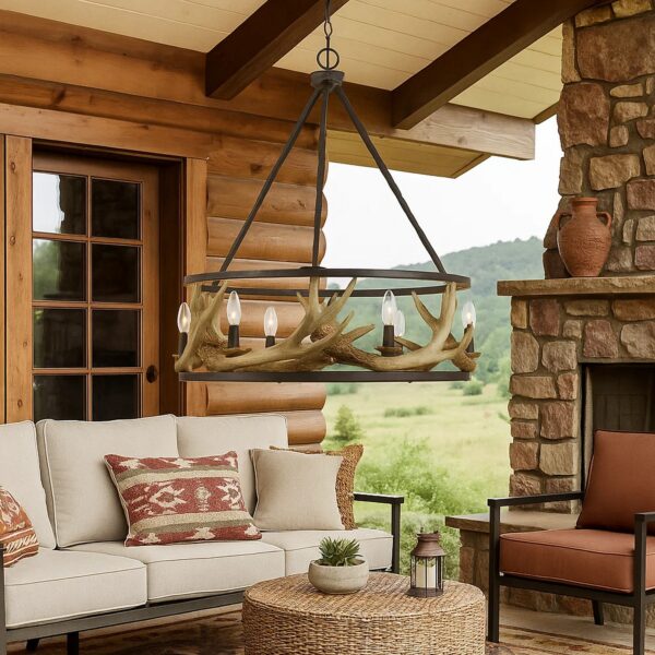 6 Bulb Metal Frame Chandelier with Resin Antler Design,Dark Bronze and Gold