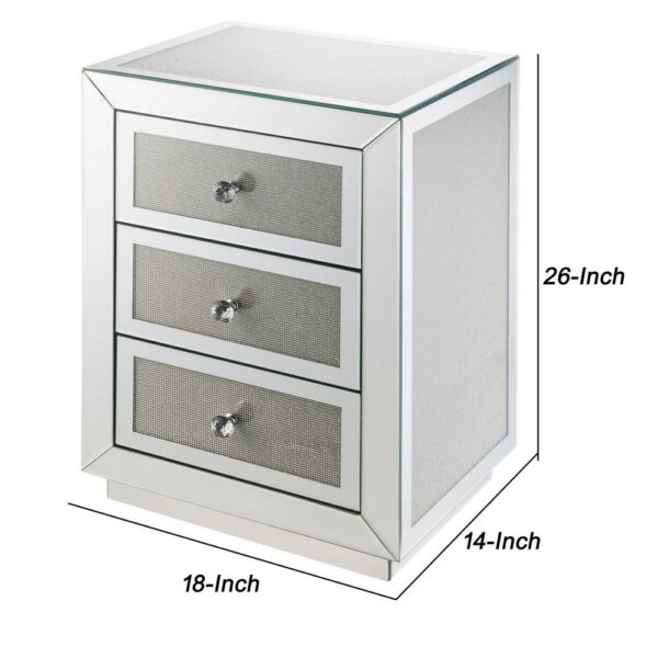 150220266991491dbafc9.jpeg 3 Drawer Mirrored Accent Table with Faux Diamond Inlay, Silver