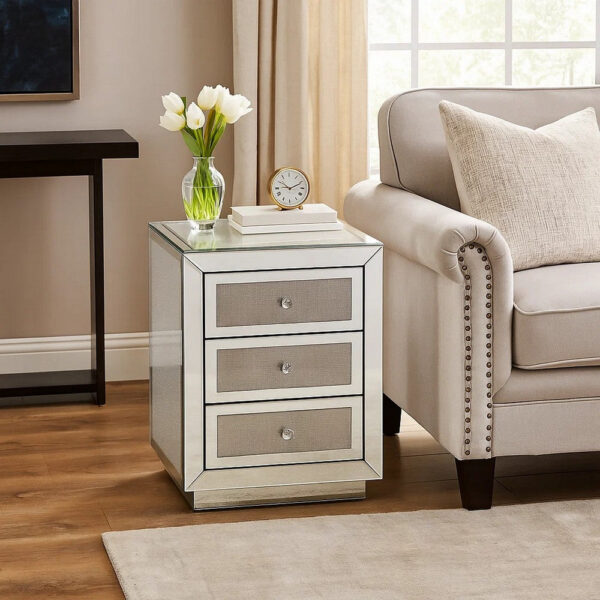 150220266991491f3ccef.jpeg 3 Drawer Mirrored Accent Table with Faux Diamond Inlay, Silver