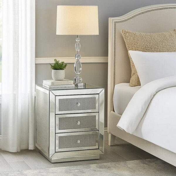 1502202669914920b6c7b.jpeg 3 Drawer Mirrored Accent Table with Faux Diamond Inlay, Silver