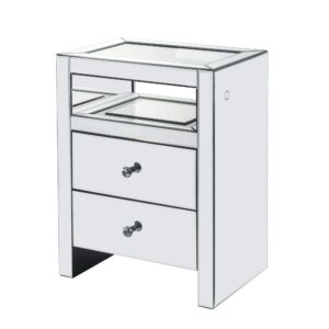 150220266991493eb6a87.jpeg 2 Drawer Beveled Mirrored Accent Table with Glass Top and LED, Silver