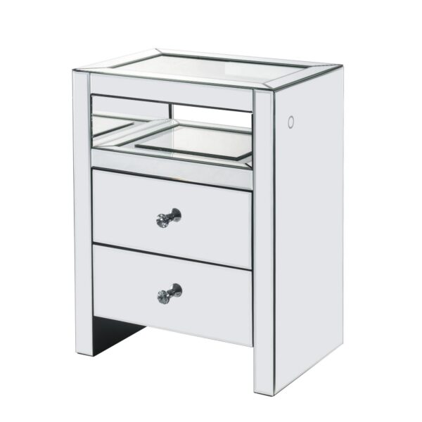 150220266991493eb6a87.jpeg 2 Drawer Beveled Mirrored Accent Table with Glass Top and LED, Silver