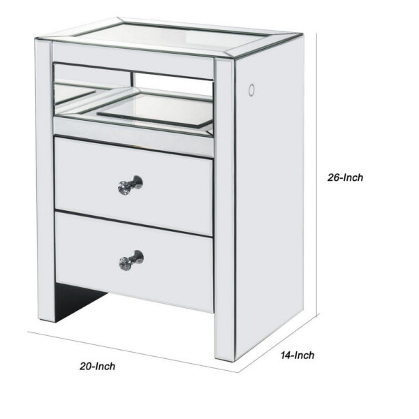 150220266991494f5dd71.jpeg 2 Drawer Beveled Mirrored Accent Table with Glass Top and LED, Silver
