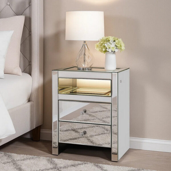 15022026699149526c8ae.jpeg 2 Drawer Beveled Mirrored Accent Table with Glass Top and LED, Silver