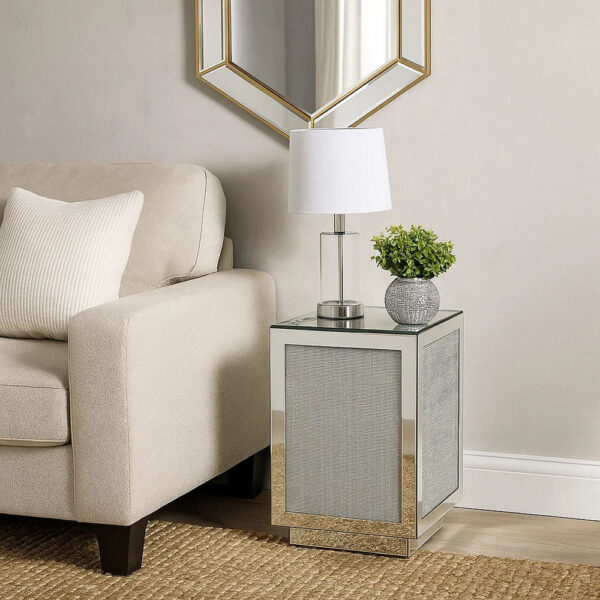 Mirrored Accent Table with Faux Diamond Inlay and Glass Top, Silver