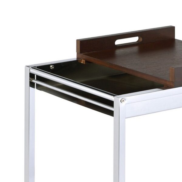 Metal and Wood Serving Cart with Tray and Floating Shelf, Brown and White