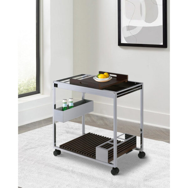 Metal and Wood Serving Cart with Tray and Floating Shelf, Brown and White