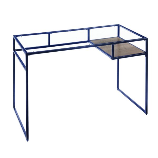 Rectangular Glass Top Desk with Open Compartment and Sled Base, Blue