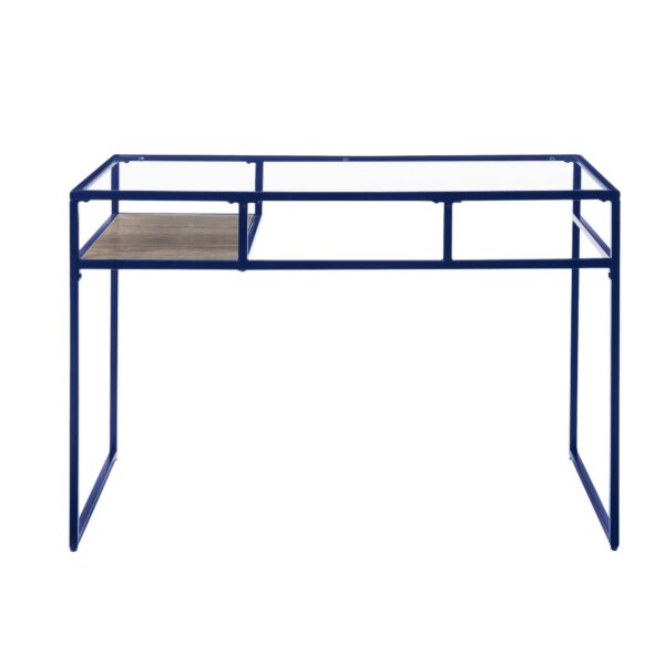 Rectangular Glass Top Desk with Open Compartment and Sled Base, Blue