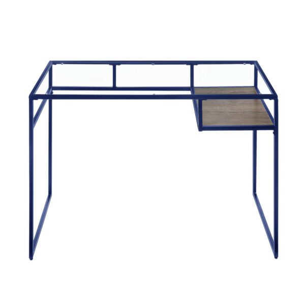 Rectangular Glass Top Desk with Open Compartment and Sled Base, Blue