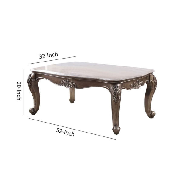 Faux Marble Top Engraved Wooden Frame Coffee Table, Off White and Gold