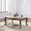 Faux Marble Top Engraved Wooden Frame Coffee Table, Off White and Gold