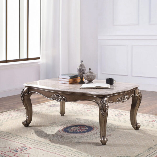Faux Marble Top Engraved Wooden Frame Coffee Table, Off White and Gold