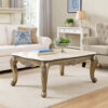 Faux Marble Top Engraved Wooden Frame Coffee Table, Off White and Gold