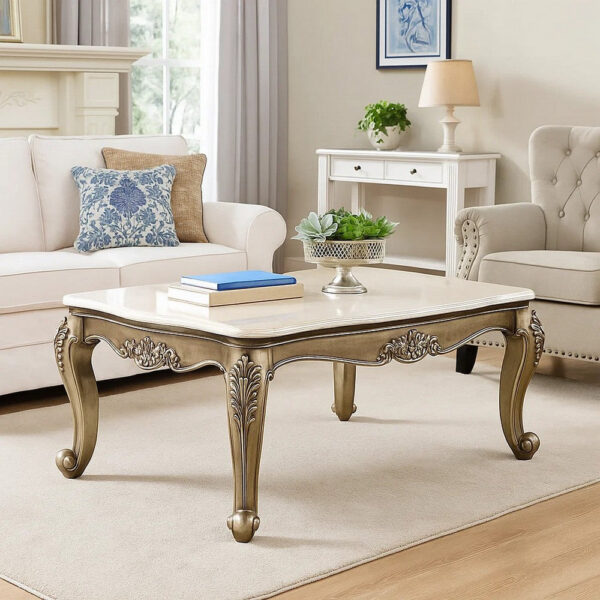 Faux Marble Top Engraved Wooden Frame Coffee Table, Off White and Gold