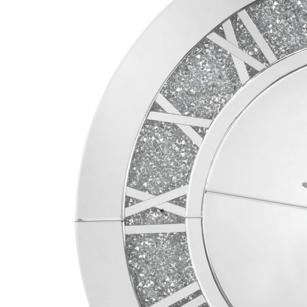 Round Beveled Mirror Frame Wall Clock with Faux diamond Inlay, Silver