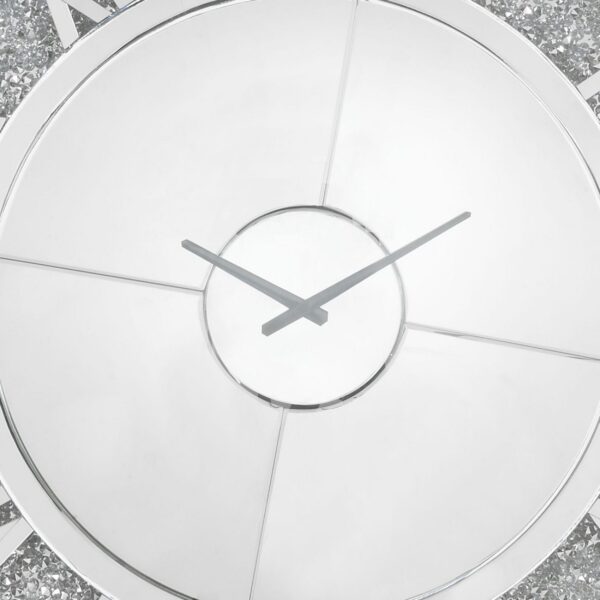 Round Beveled Mirror Frame Wall Clock with Faux diamond Inlay, Silver