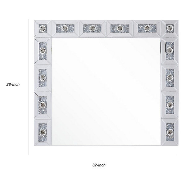 Mirror Panel Frame Wall Decor with Light Function and Faux Diamond, Silver
