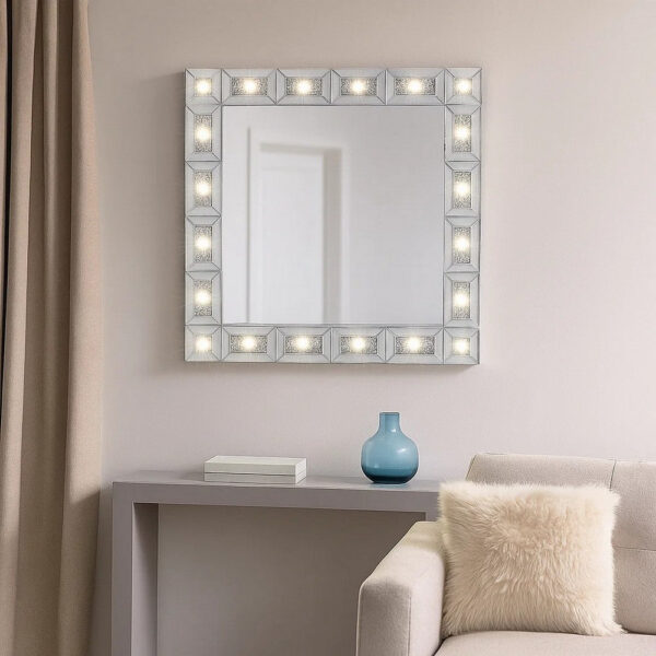 Mirror Panel Frame Wall Decor with Light Function and Faux Diamond, Silver