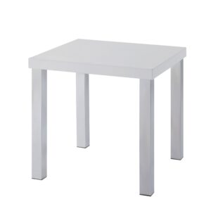 Square Wooden End Table with Straight Metal Legs, White and Chrome