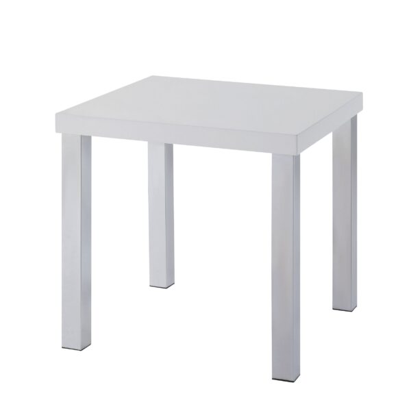 Square Wooden End Table with Straight Metal Legs, White and Chrome