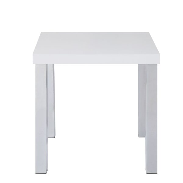 Square Wooden End Table with Straight Metal Legs, White and Chrome